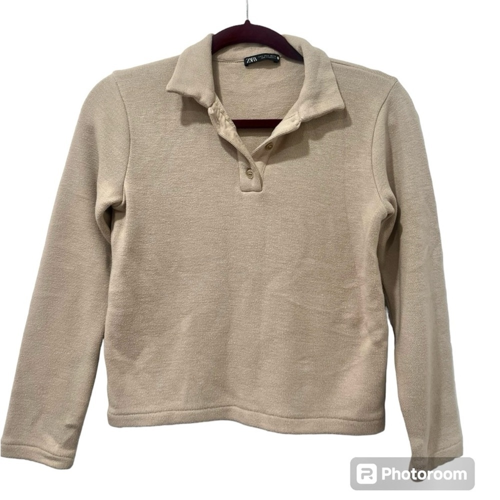 Zara tan crop long sleeve shirt collar 1/4 button sweater size small